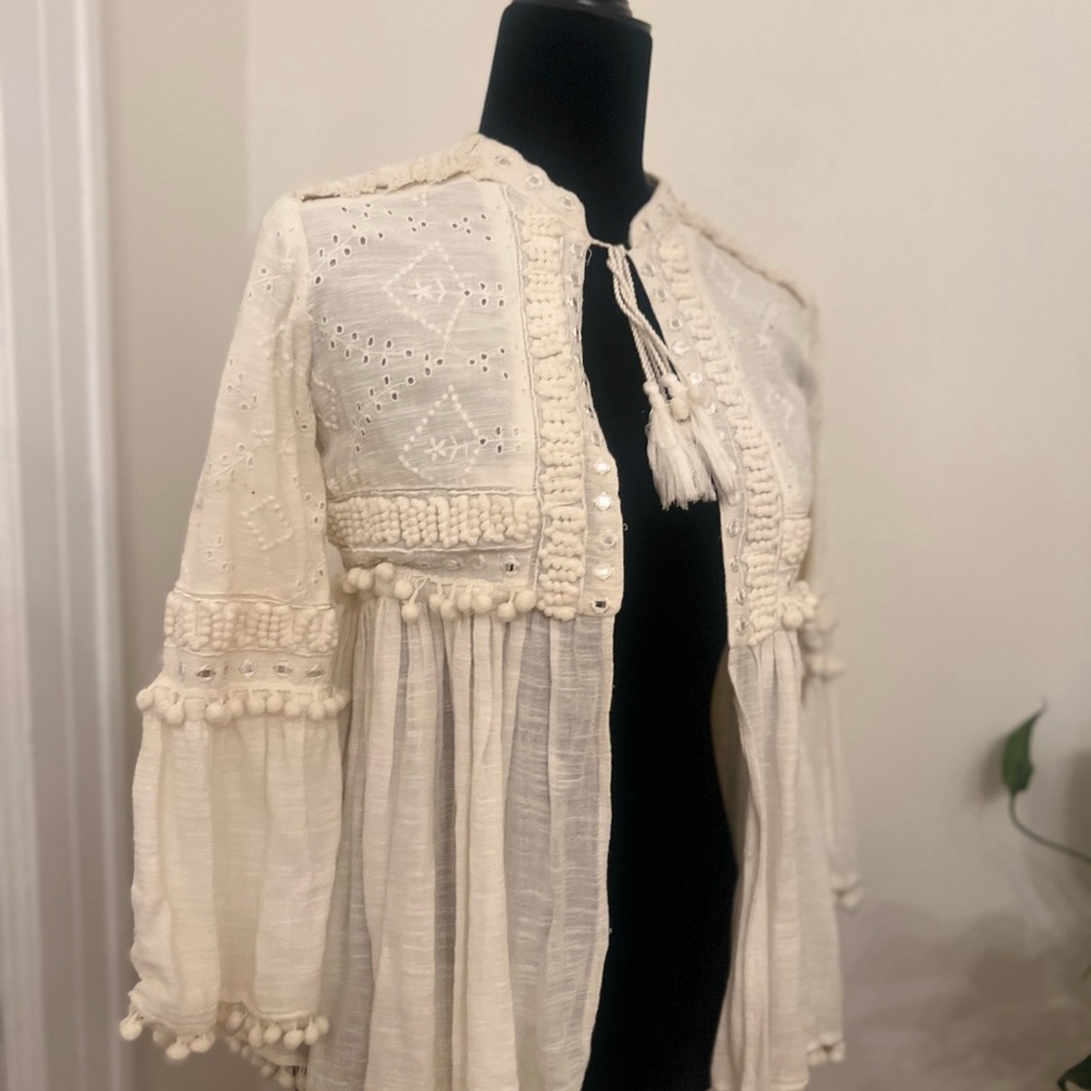 Zara Boho Elegant Cream Women's Jacket with pom Pom